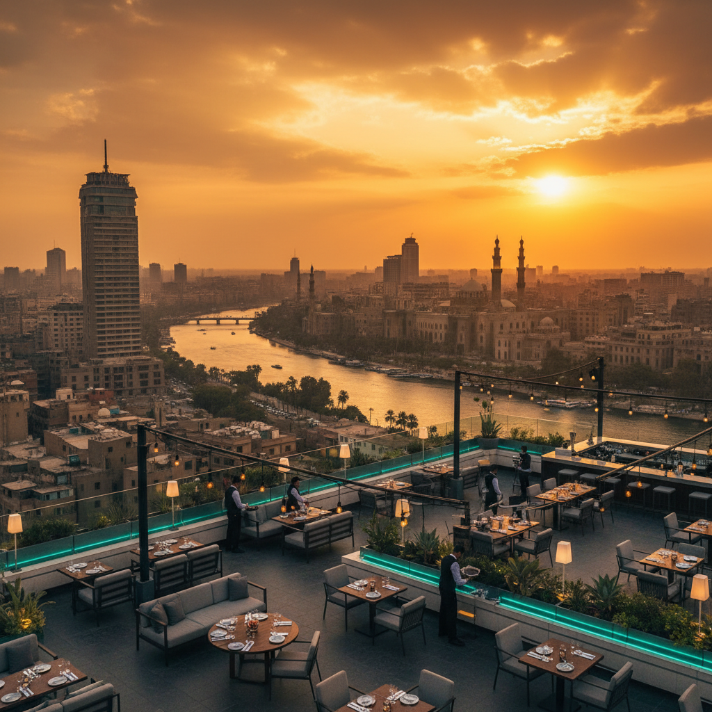Cairo cityscape at golden hour with rooftop venue terrace