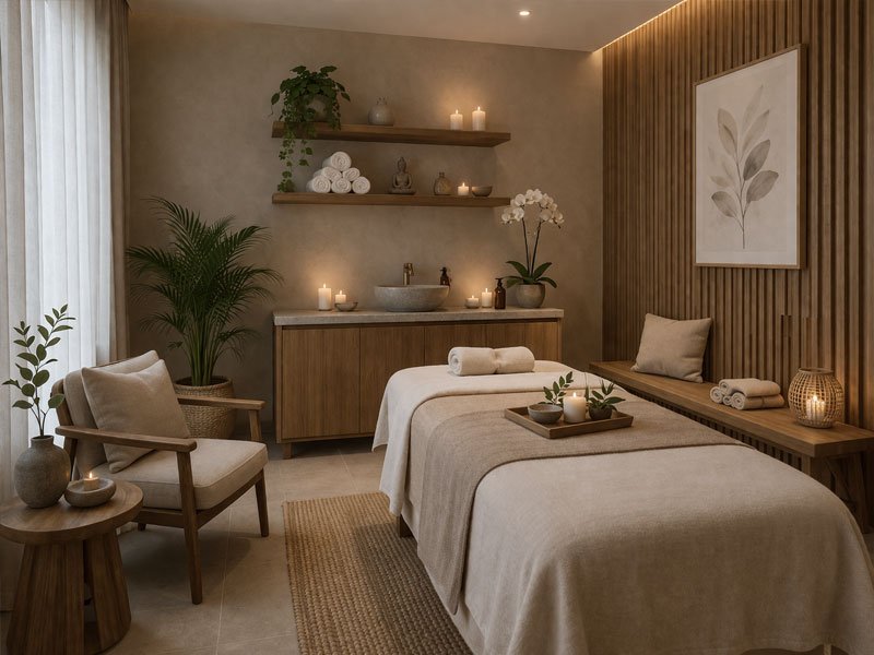 Modern wellness spa studio with calm, inviting atmosphere