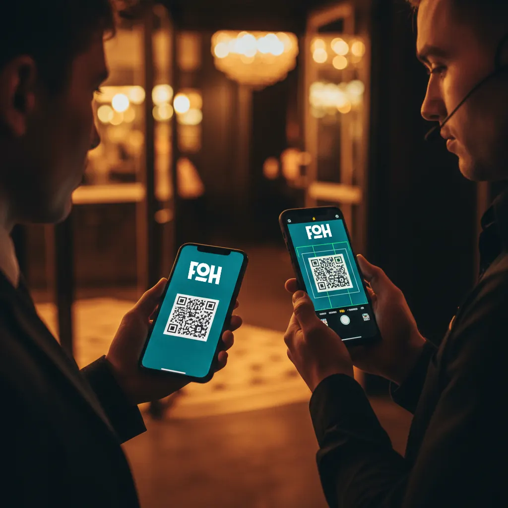 Door check-in screen on phone showing QR scanner, guest name, VIP badge, and green Admitted confirmation