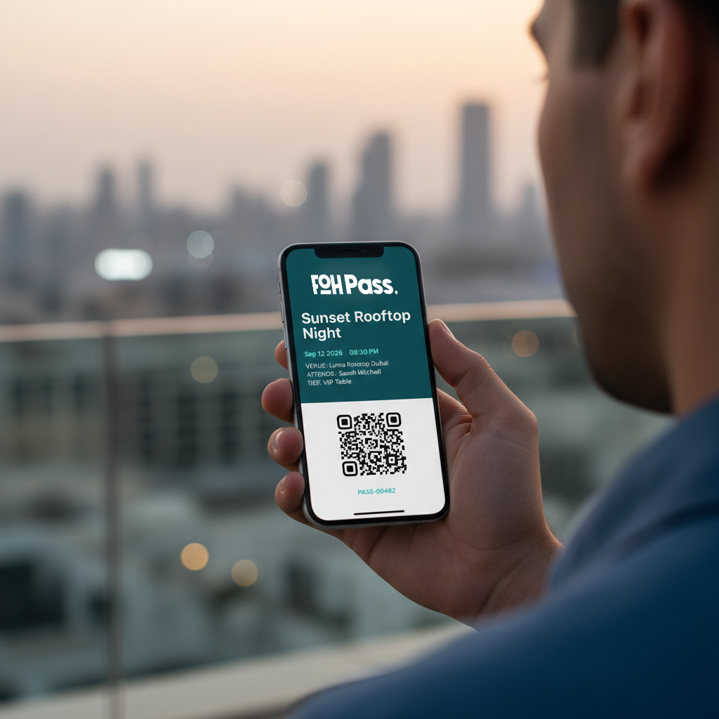QR ticket design with event branding, guest name, tier badge, and scannable QR code