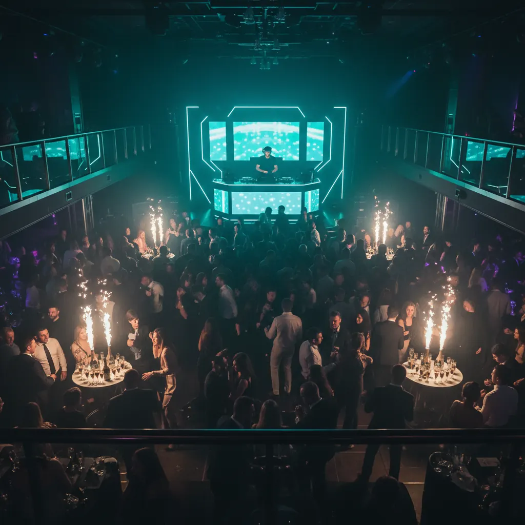 Upscale nightclub event with dramatic lighting and crowd