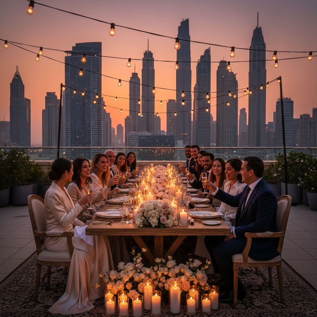 Elegant rooftop dinner party at sunset