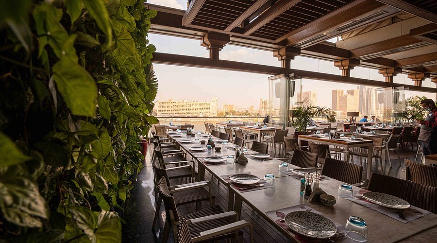 Open-air restaurant terrace overlooking the Nile, Cairo