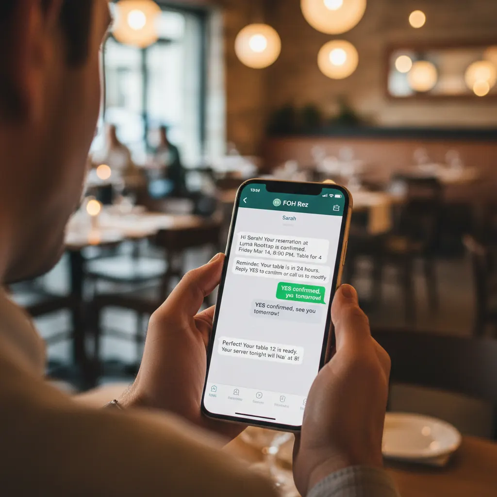WhatsApp confirmation message thread showing automated booking confirmation and guest reply