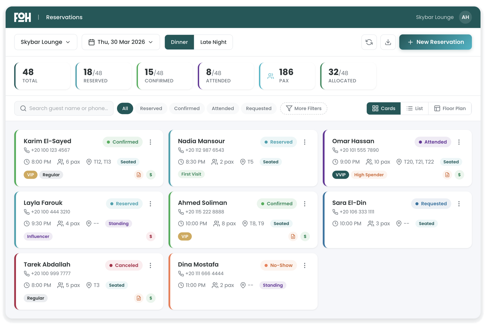 FOH Rez reservations dashboard showing tonight's guest cards, VIP tags, and cover count
