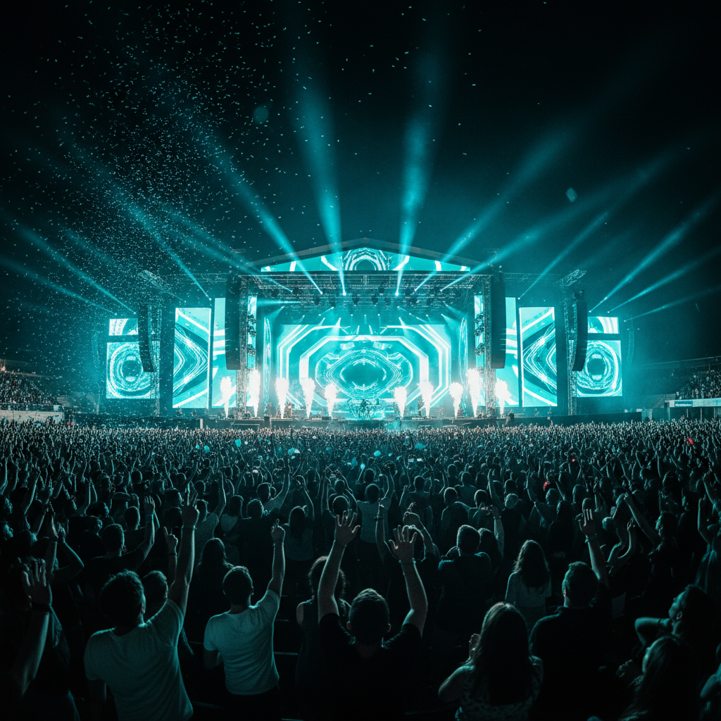 Packed live event with crowd, teal stage lighting, confetti, and dramatic atmosphere