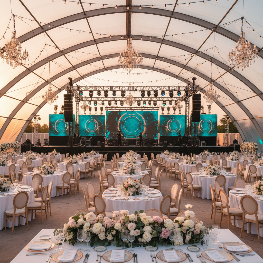 Grand outdoor gala setup with elegant tables, string lights, and stage at golden hour