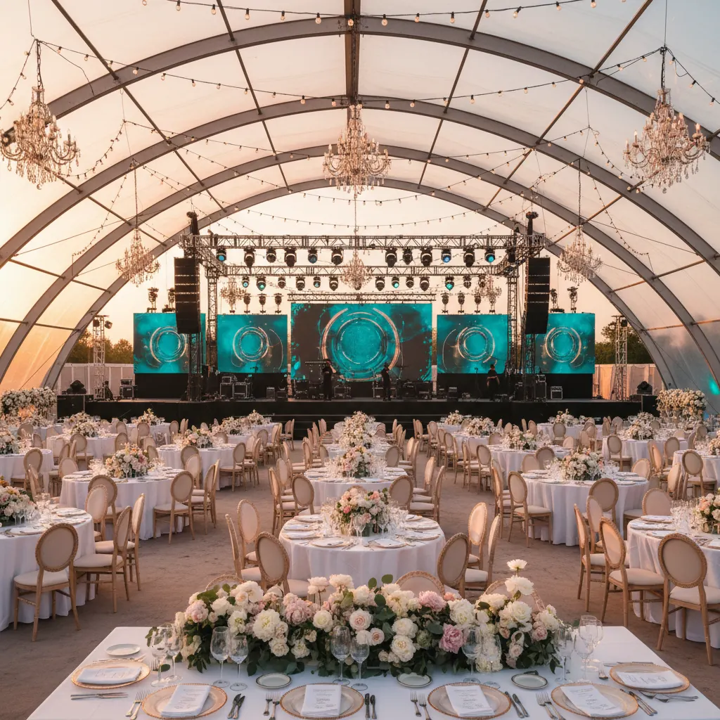 Grand outdoor gala setup with elegant tables, string lights, and stage at golden hour