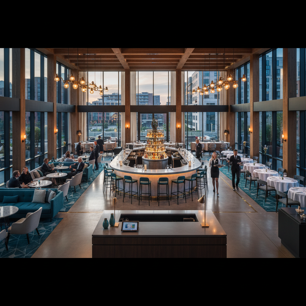 Modern hotel lobby lounge with multiple dining zones, bar, and teal accent decor