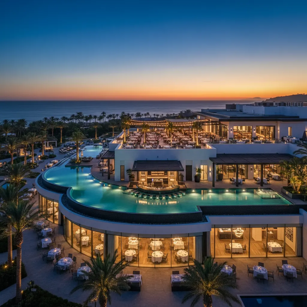 Luxury hotel resort at twilight with multiple dining venues, rooftop restaurant, and poolside bar