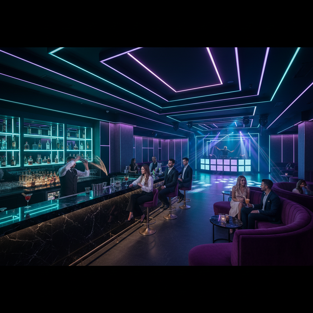 Premium nightclub interior with dramatic teal lighting, VIP booths, and sleek bar