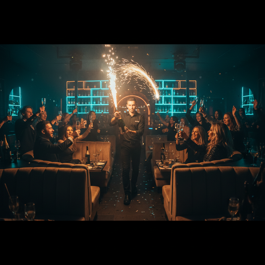 VIP bottle service with sparklers at an upscale nightclub