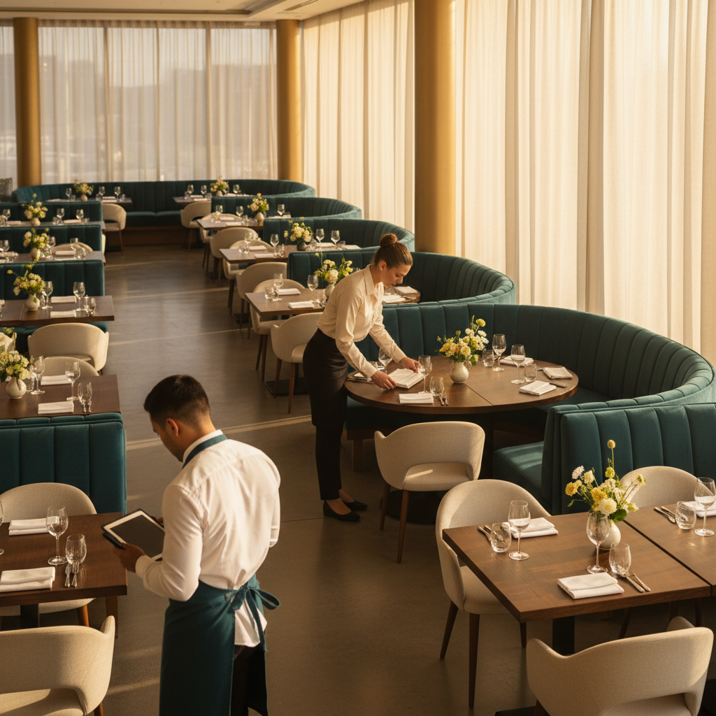 Modern restaurant interior during golden hour with elegant table settings