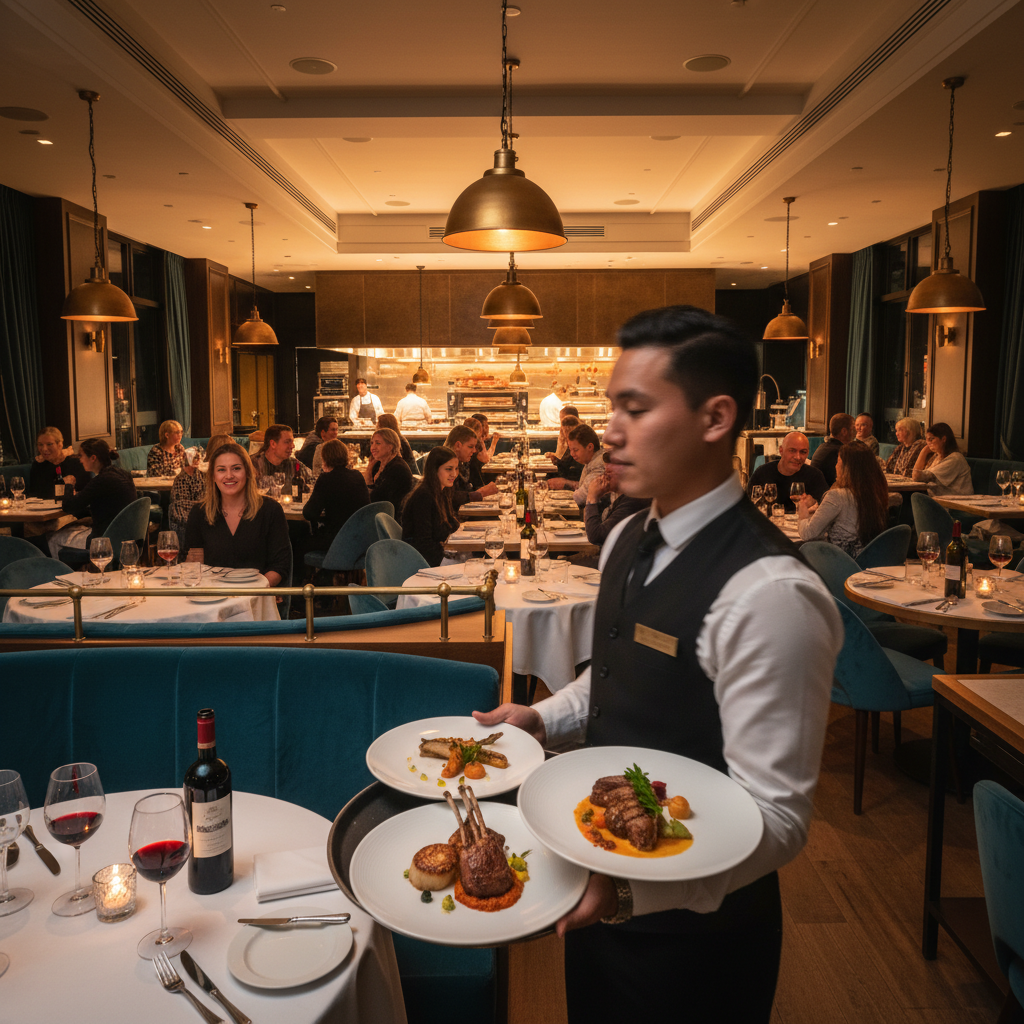 Upscale restaurant during peak dinner service with servers and happy diners